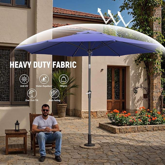 Outdoor Patio Umbrella with One Push Button Tilt and Crank, 8 Sturdy Ribs Market Table Umbrella