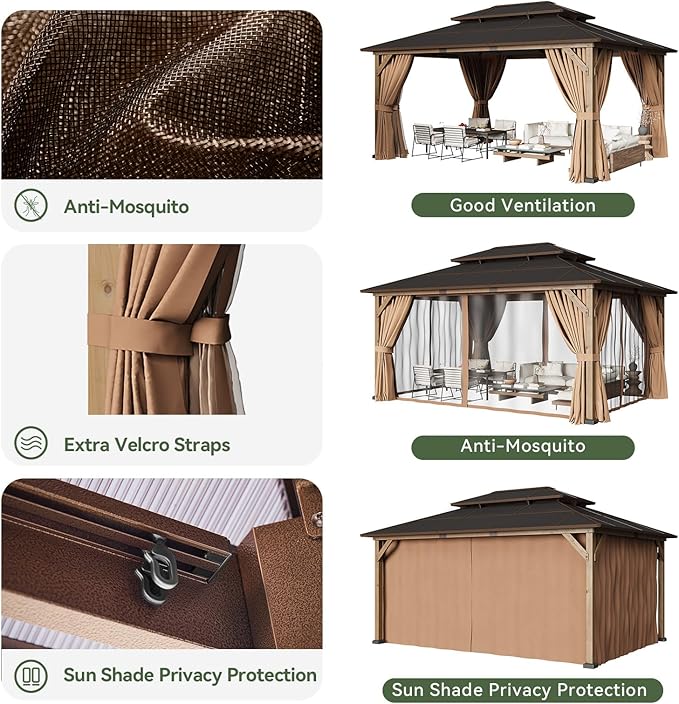 Aoxun 12' x 16' Outdoor Wood Gazebo with Double Polycarbonate Top, Hardtop Gazebo Permanent Wooden Pavilion with Breathable Netting and Privacy Curtain for Patio, Garden, Deck, Cedar Wood, Natural