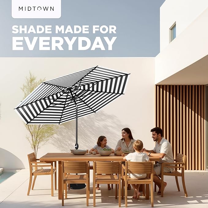 Midtown Umbrellas - 10-Year-No-Fade 9 Ft Patio Umbrella with Terylast Fabric, Auto-Tilt Aluminum Frame and 8 Reinforced Ribs for Deck, Pool, Garden & Beach - Black/White Stripes Canopy, Black Pole