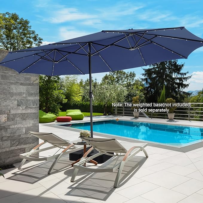 Tangkula 15 Ft Solar Patio Umbrella, Double-Sided Extra Large Outdoor Market Table Umbrella with 48 LED Lights, Crank Handle, 12 Sturdy Ribs for Poolside, Garden & Backyard (Navy)