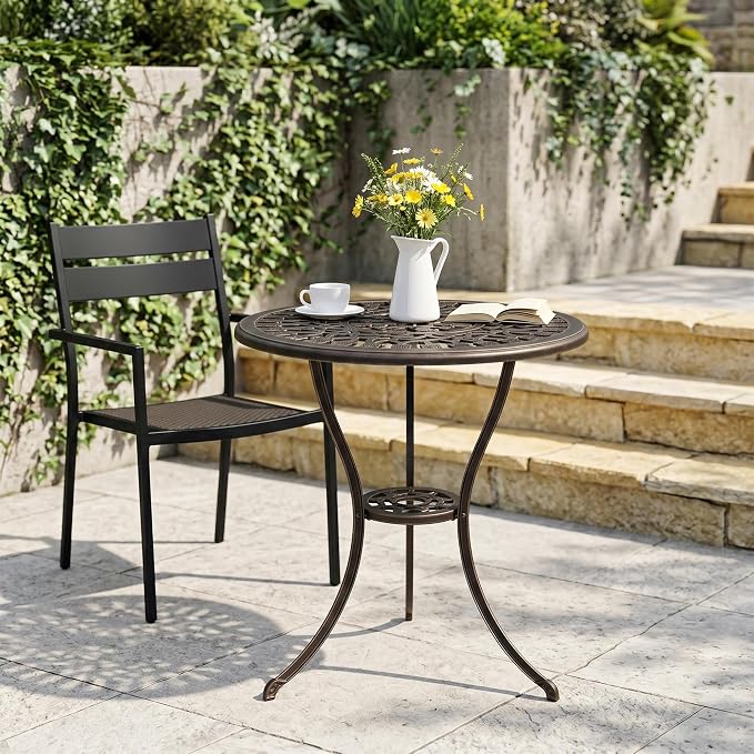 GAOMON 23" Cast Aluminum Patio Bistro Table with Umbrella Hole, Outdoor Round Coffee Bistro Side Table, Anti-Rust Outdoor Furniture for Backyard, Garden, Porch, Pool, Balcony, Bronze