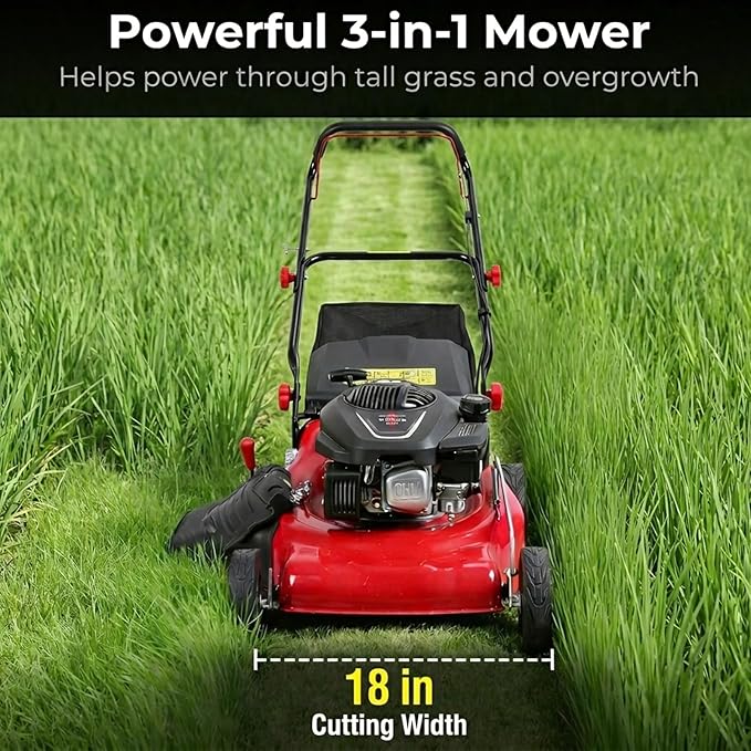 131cc Gas Self Propelled Lawn Mower, 3 in 1 Multi Functional Walk-Behind Push Lawn Mowers, 18" Foldable Gas Powered Lawnmower with 50L Grass Bag, for Mulch, Side Discharge, Rear Bagging (Red)