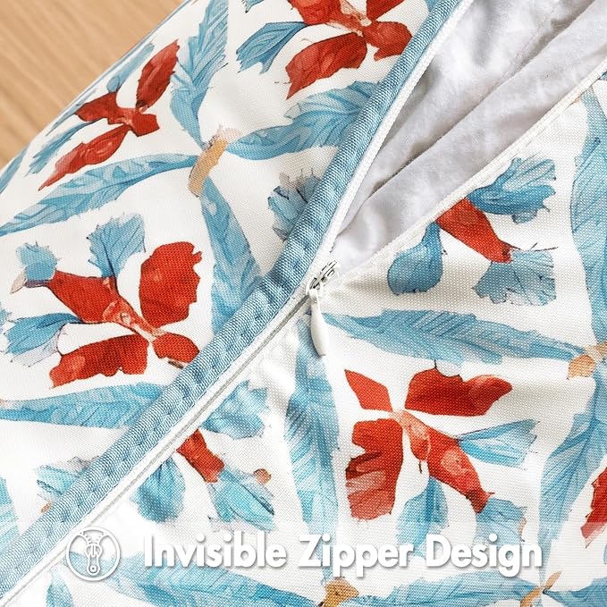 MIULEE Outdoor Floral Pillow Covers Waterproof 12x20 Blue-Rust | Decorative Block Print,Boho Farmhouse, Set of 2 Coastal Summer Cushion Covers with Piping,Garden Patio Furniture Porch Couch