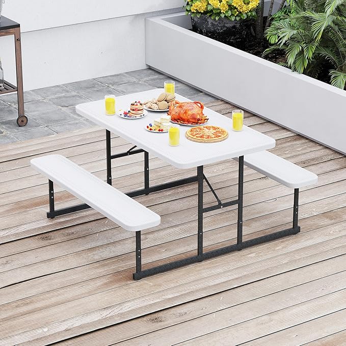 Tangkula Picnic Table, HDPE Outdoor Rectangular Table Bench Set with 2 Built-in Benches, Umbrella Hole, Metal Frame for 4 Person, Garden Yard Patio Lawn