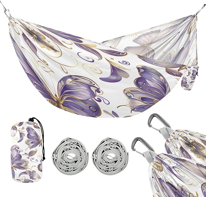 Hammocks for Outside Purple and Gold Butterflies Camping Hammock Portable Hammocks with Tree Straps and Carry Bag Camping Accessories for Hiking Beach Outdoor
