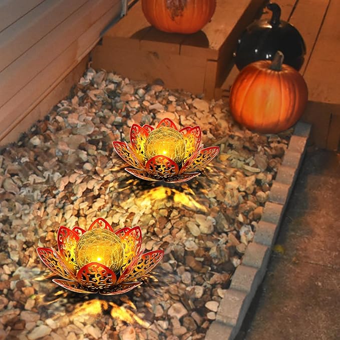 3 Pack Solar Lights Outdoor Garden 6.3 " Glass Lotus Lamp Waterproof LED Metal Flower Lights Outdoor Garden Table Decor for Outside Balcony, Patio, Deck, Porch, Walkway