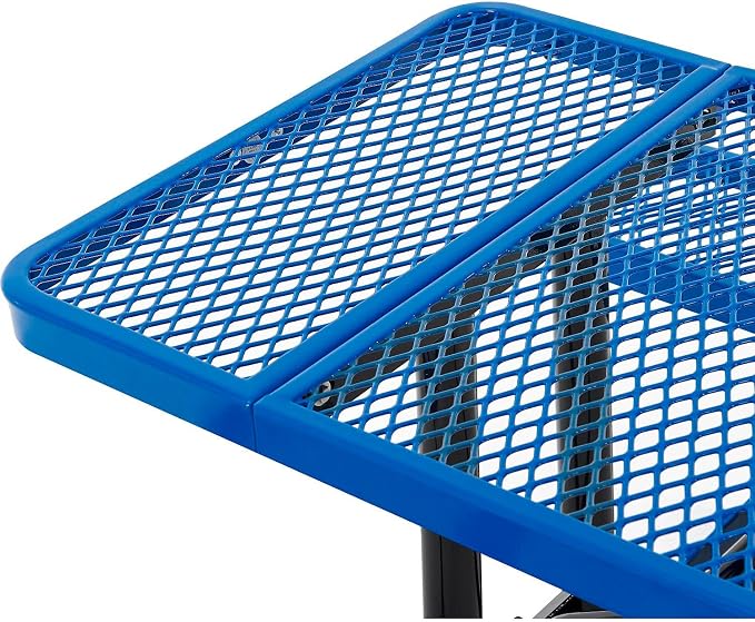Global Industrial 8’L Rectangular Picnic Table, Expanded Metal, Blue Thermoplastic Coating, Attached Benches, 1-1/2” Umbrella Pole Hole, Outdoor-Rated, 1000 lb Capacity, 96” x 30” Tabletop