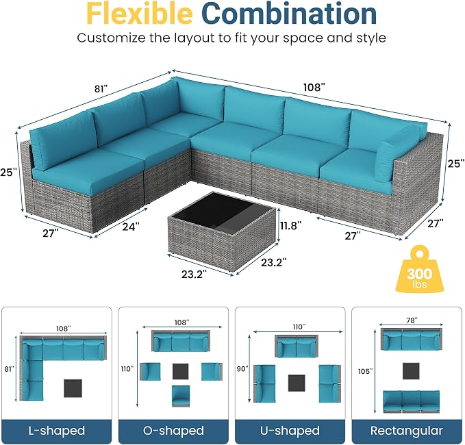 May in Color 7 Pieces Wicker Outdoor Patio Furniture Set, Patio Sectional Sofa with Coffee Table, All-Weather Outdoor Sectional Furniture for Garden Backyard, Light Blue