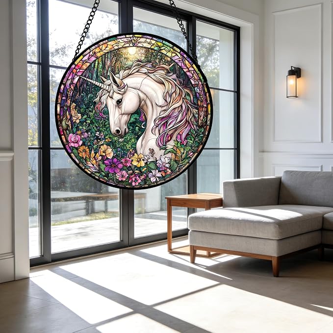 DASTOLL Stained Glass Window Hanging, Unicorn Flowers Suncatcher for Doors Home Sun Catchers Decoration and Christmas, Mother's Day Birthday Gifts for Women, Men, and Mom 6.3 in