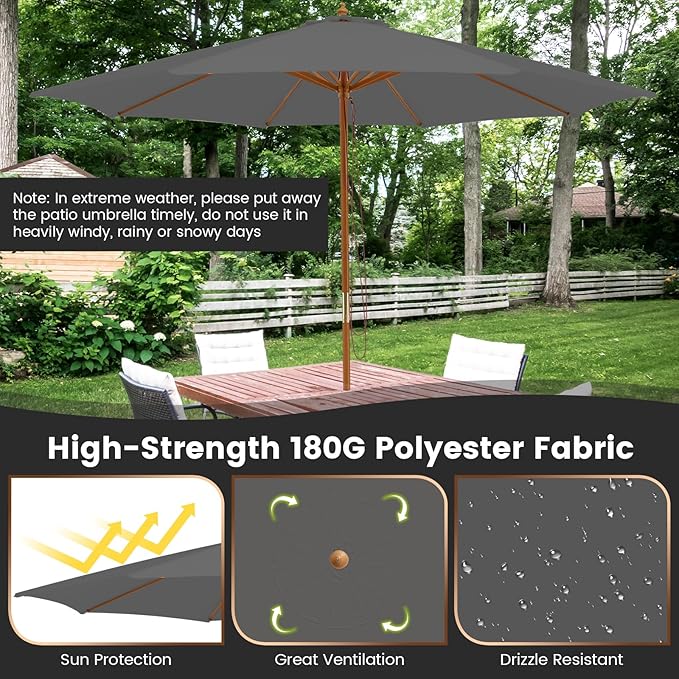 Tangkula 10FT Patio Umbrella, Outdoor Table Market Umbrella w/8 Wooden Ribs, 3 Adjustable Heights, Rope Pulley System, Detachable Pole, Wooden Patio Umbrella for Garden, Poolside, Backyard (Grey)