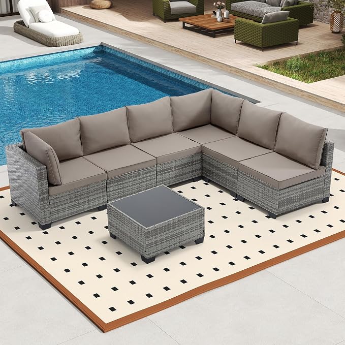 Bonzy Home 7 Pieces Outdoor Patio Furniture Set, PE Rattan Outdoor Sectional Furniture Sofa Set with Removable Cover and Glass Coffee Table, Patio Sofa for Balcony, Porch, Garden, (Grey-Khaki)