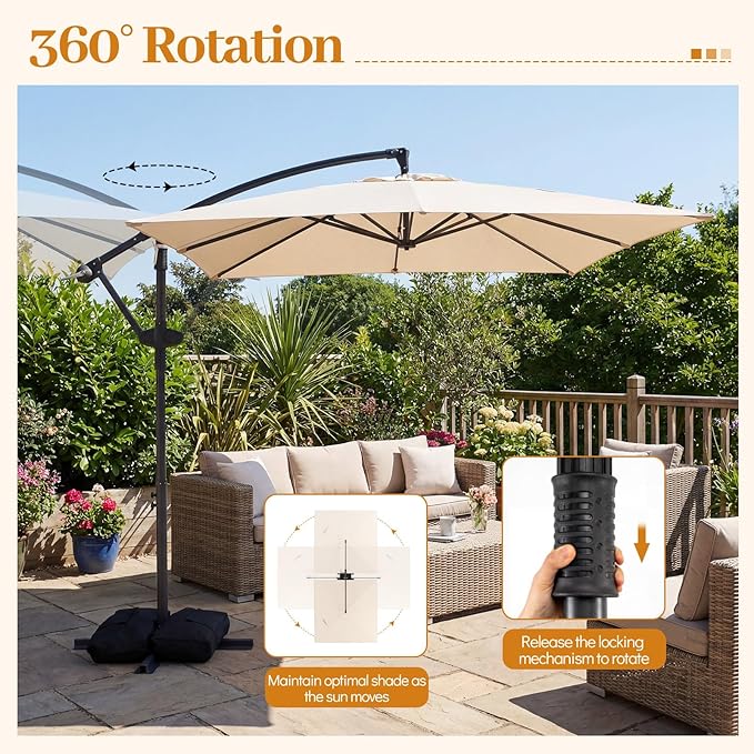Tangkula 8x8 FT Patio Umbrella with Base Included, Square Offset Cantilever Outdoor Umbrella with 360 Degree Rotation, Crank Handle, Sandbags, 8 Ribs for Pool Deck Garden Backyard
