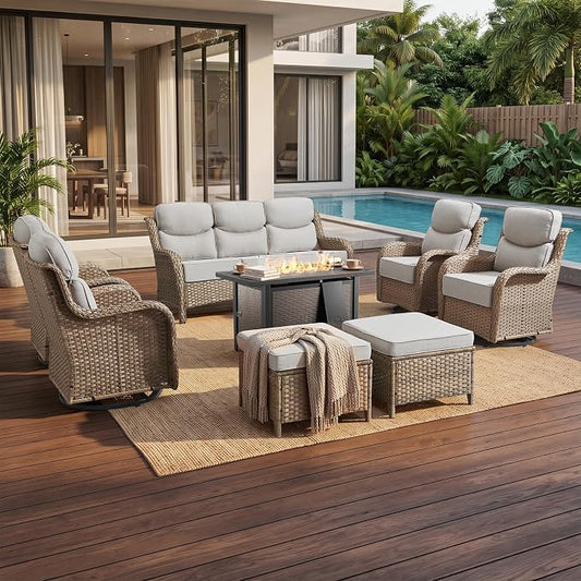 Luxury High Back Outdoor Furniture 6-Inch Thick Cushions with 50,000 BTU Gas Propane Fire Pit Tablet, Patio Furniture Set with Swivel Chairs, 8 PCS for Porch, Balcony, Deck and Yard