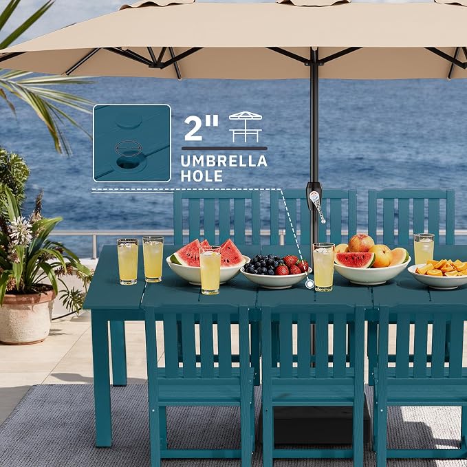AreShark 7-Piece Outdoor Dining Set,HDPE Patio Table with 6 Armless Chairs,All-Weather Patio Furniture Set with Umbrella Hole,Low Maintenance Wood Grain Dining Set for Backyard,Garden,Poolside,Black