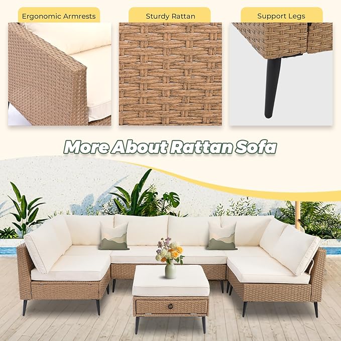 LVUYOYO 7 Pieces Outdoor Patio Furniture Set, Wicker Sectional Sofa Set for All-Weather, Rattan Conversation Sets with Cushions and Storage for Deck, Backyard, Porch (Khaki)