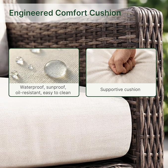 Outdoor Swivel Rocker Patio Chair with Premium Cushion, High Back Wicker Patio Swing Glider for Deck, Porch, Patio and Poolside (Beige, 2 Pcs - Swivel Glider & Side Table)