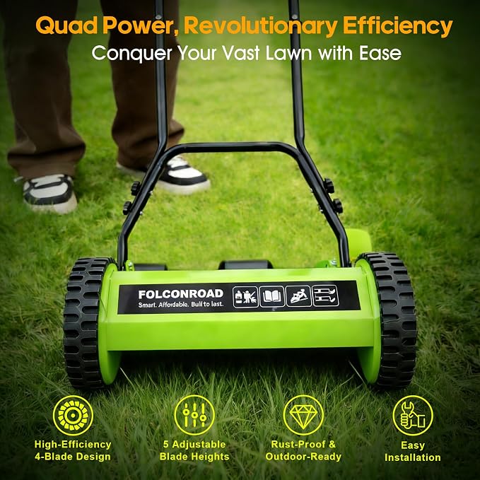 14-Inch 4-Blade Push Reel Lawn Mower, Manual Reel Push Mower, Walk-Behind Lawn Mowers, 5-Position Cutting Height Adjustment for Garden, Yard and Field, Suitable for 1-3 Inches of Grass