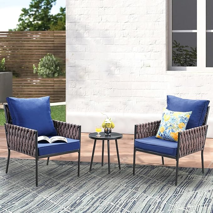 3-Piece Patio Furniture Set, Armchairs with Coffee Table,Modern Wicker Outdoor Conversation Set with Waterproof Thick Cushion for Deck,Backyard,Porch,Navy