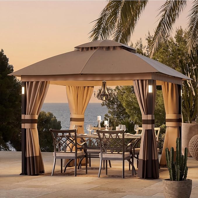 Covered Outdoor Patio Gazebo 10'x10' with LED Lights & Bluetooth Speaker, Heavy Duty Outdoor Canopy Shelter with Metal Frame, Double Roofs, Soft Top Gazebo with Netting and Curtains, Khaki