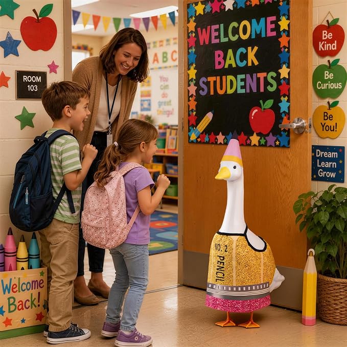 Cute Pencil Goose Outfits, 23” Back to School Porch Goose Outfit with Matching Hat, First Day of School Goose Costume for Classroom School Decor, Outdoor Lawn, Yard, Patio