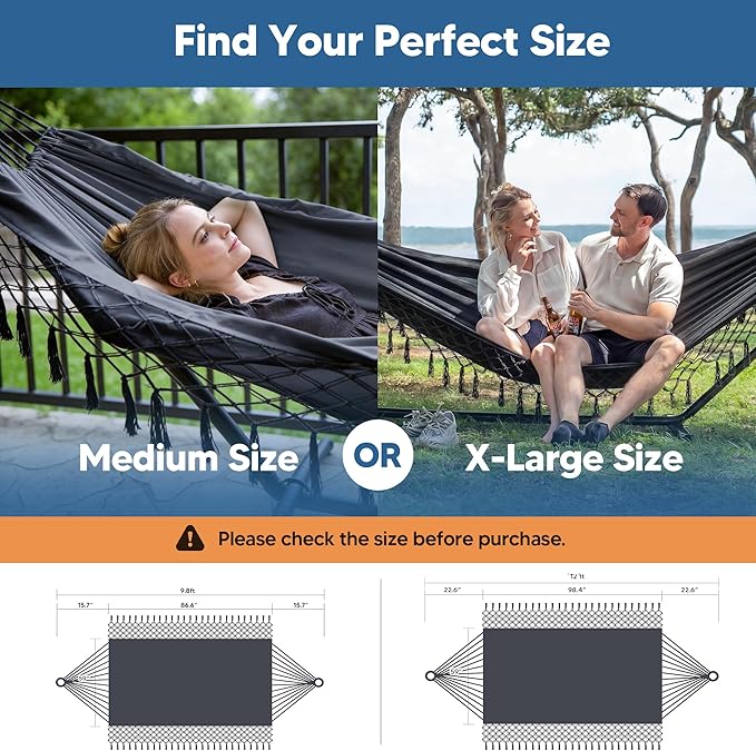 SUNCREAT Hammocks Outdoor Camping Double Hammock with Tassel, Fabric Hammock for Backyard, Dark Gray