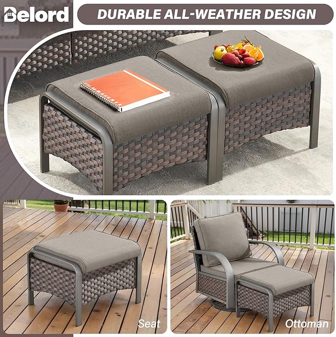 Belord 5-Piece Outdoor Patio Furniture Set All-Weather Wicker Couch with Swivel Rocker Outdoor Chairs and Multi-Functional Ottomans, Patio Conversation Set for Backyard Garden Balcony