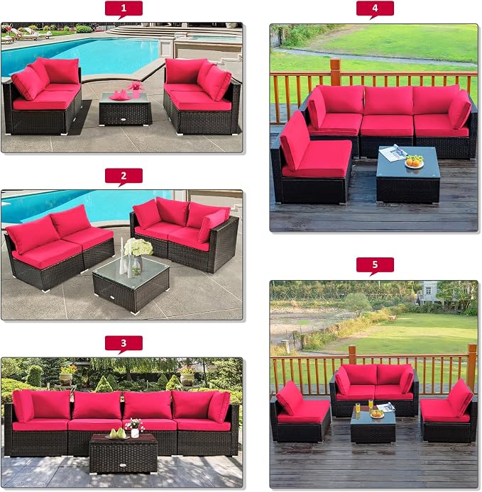 COSTWAY 5-Piece Outdoor Patio Furniture Set, PE Rattan Sofa Chairs with Cushions and Tempered Glass Coffee Table, Conversation Sofa Set for Backyard Garden (Red)