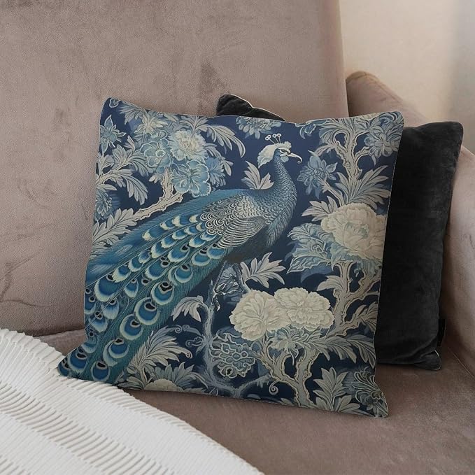 Blue Peacock Chinoiserie Pillowcase Blue Grey Asian Flower Throw Pillow Cover Retro Modern Decorative Pillow Covers for Couch Garden Tent Balcony 16x16 in