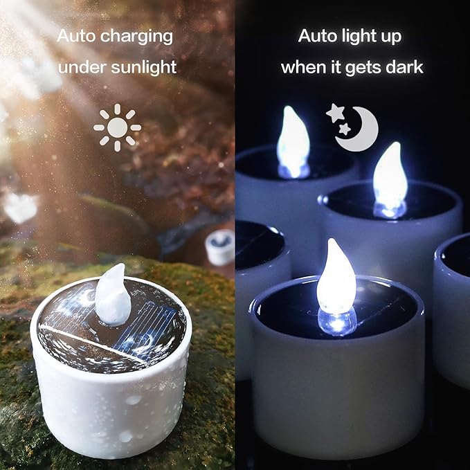 6 Pack Cool White Solar Powered Flameless Tealights, Rechargeable Outdoor Waterproof LED Flickering Electric Solar Tea Light Candles Flicker Fake LED Votive Candle Bulk for Outside Decorations