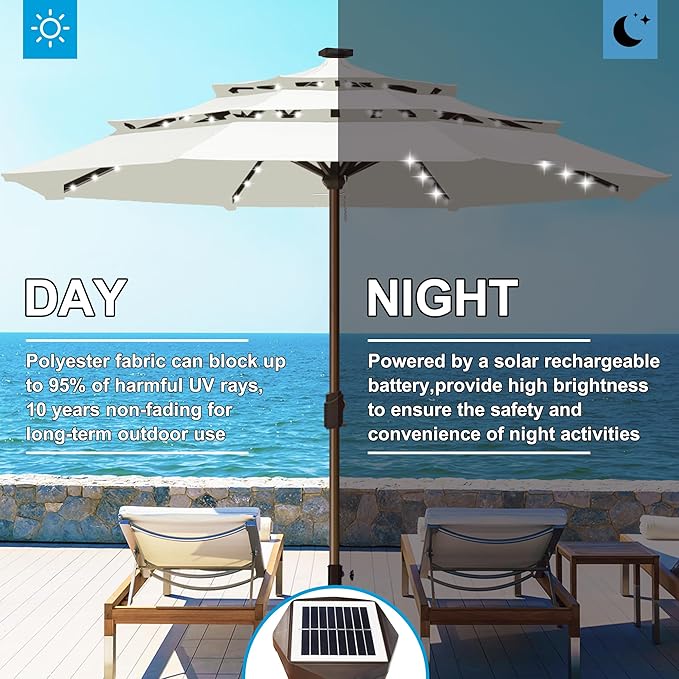 Eurmax USA 10-Year-Non-Fading 10FT 3-Tier Outdoor Patio Market Umbrella with LED Lights,UPF50+ UV Resistant,Commercial Grade,Crank Lift Design,Windproof Vented Top for Garden,Pool,Deck,Natural