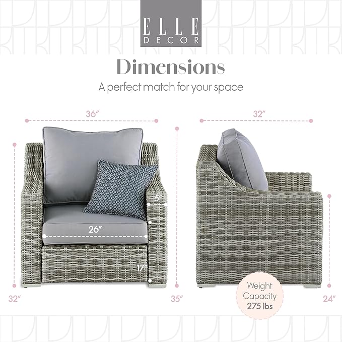 Elle Decor Vallauris Patio Outdoor Furniture Collection, Premium All Weather Wicker, Arm Chair, Gray