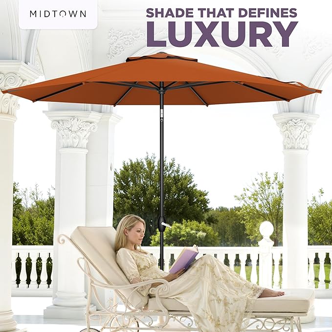 Midtown Umbrellas - The Lean 8 Ft Patio Umbrella with Fade-Resistant Sunbrella Fabric, Auto-Tilt Aluminum Frame and 8 Reinforced Ribs for Deck, Pool & Garden - Terracotta Canopy, Black Pole