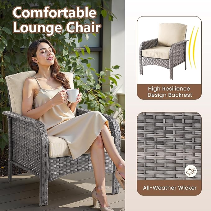 2 PCS Outdoor Patio Furniture Set with Thickened Cushions, All-Weather Rattan Wicker Outdoor Conversation Set for Porch,Backyard,Balcony,Beige