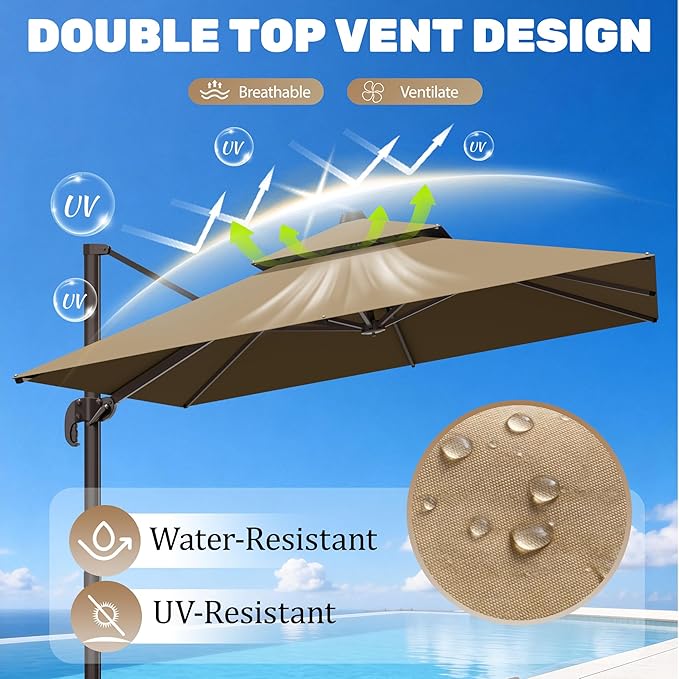 10x10Ft Patio Umbrella Outdoor Cantilever Rectangle Umbrella, 6-Level Tilt & 360° Rotation Offset Umbrella for Garden, Deck, Pool(Brown)