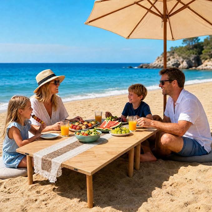 60" x 30" Low Picnic Table with 8 Wooden Legs Boho Table Runner Folding Picnic Table Portable for Indoor Outdoor Use Ideal for Backyard Picnic Beach Weddings Garden Parties (Herringbone)