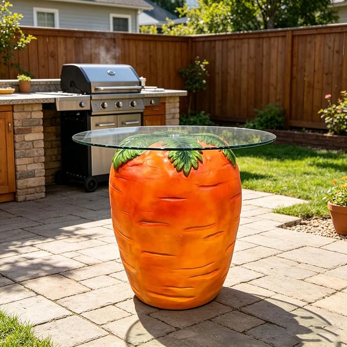 Carrot Shaped Side Table with Glass Top Resin Fruit Stool Novelty End Table for Living Room Bedroom Patio Garden, Outdoor Indoor Accent Table
