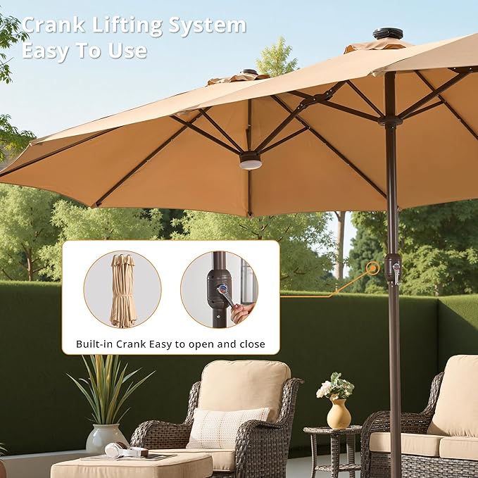 15ft Large Patio Umbrellas with Base & Solar Lights,Outdoor Rectangle Double-Sided Market Umbrella with Stand & 38 LED Lights,Outside Umbrellas for Poolside Deck Backyard (Beige/Tan)