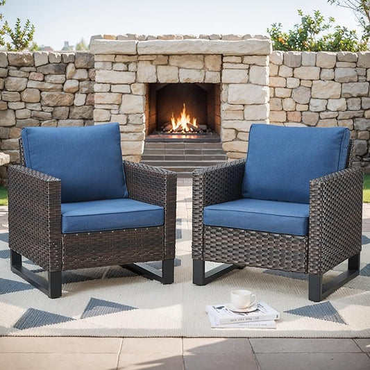 Rilyson Wicker Outdoor Patio Chairs Set of 2-2 Piece Rattan Chairs with Waterproof Wicker,Comfortable Cushions and Sturdy Metal Frame for Outside Porch Deck Backyard(Brown/Blue)
