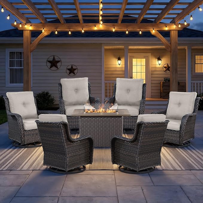 7 Piece Patio Furniture Set with 41" Fire Pit Table - High Back Swivel Glider Patio Chairs Set of 6, All Weather Deep Seating Outdoor Conversation Set for Porch Deck Yard Pool Brown