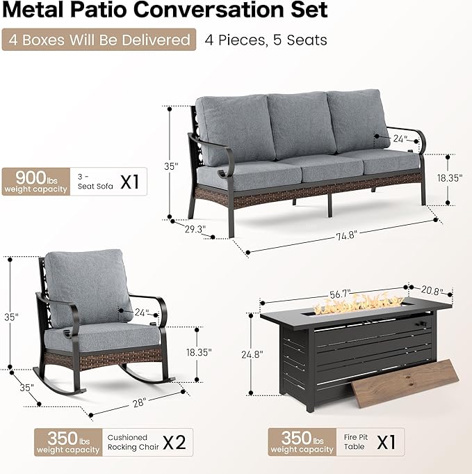 4 Piece Black Metal Outdoor Patio Furniture Sets with Firepit Table, Patio Conversation Sets 1 3-Seater Sofa, 2 Rocking Sofa with 5.75" Thick Cushion Backyard Furniture for Deck, Gray