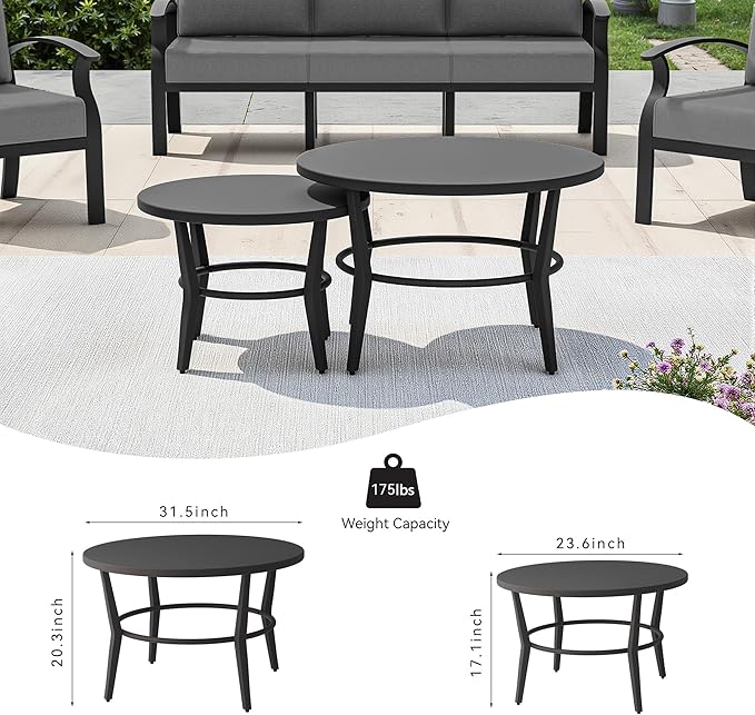 Kullavik Aluminum Patio Furniture Set with 2 Round Coffee Tables,5-seat Metal Outdoor Sectional Furniture w/5.1" Cushions,Patio Conversation Sets for Garden,Backyard,Porch-Grey