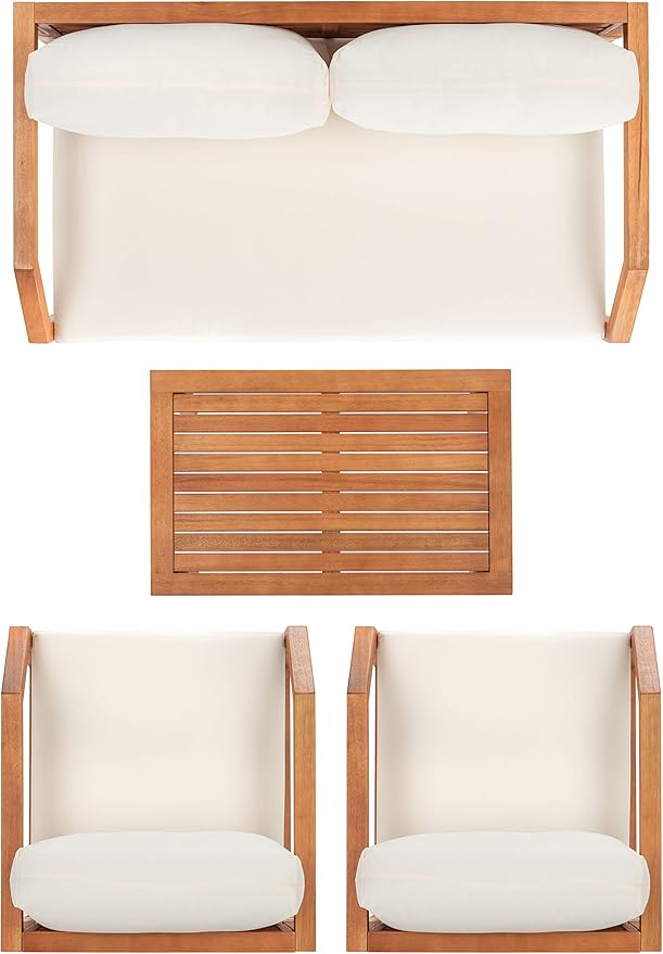 SAFAVIEH Outdoor DREN Natural Brown 4-Piece Set - Beige Seat Cushions Included