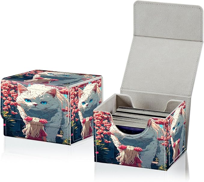 Card Deck Box for MTG, Cards Storage Box Fits 120+ Sleeved, Leather Small Size Strong Magnetic Closing Card Case for Board Games Magic TCG CCG Baseball Collection, Big Cat Girl