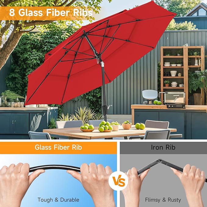 ONBRILL 9 FT Outdoor Patio Umbrella, 3 Tier Market Table Umbrella with 8 Sturdy Fiberglass Ribs and 1.5’’ Pole, Smooth Button Tilt Patio Umbrella for Backyard Pool Garden, Red(No Base)