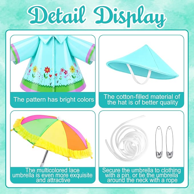 DECOHS 3 Pcs/Set Raincoat Porch Goose Outfits, Summer Lawn Goose Statue Costume with Rainbow Umbrella and Hat, Yard Geese Clothes for 23" Statue Patio Garden Decoration (Lake Blue)