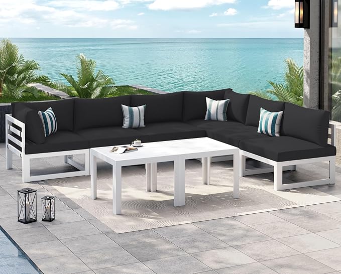 NICESOUL 8 Pcs L-Shaped Contemporary Aluminum Outdoor Furniture Set, 29" Deep Wide Large Couch Set, 500 lbs High Weight Capacity Modular Patio Sectional Sofa with Coffee Table for Garden Lawn, Black