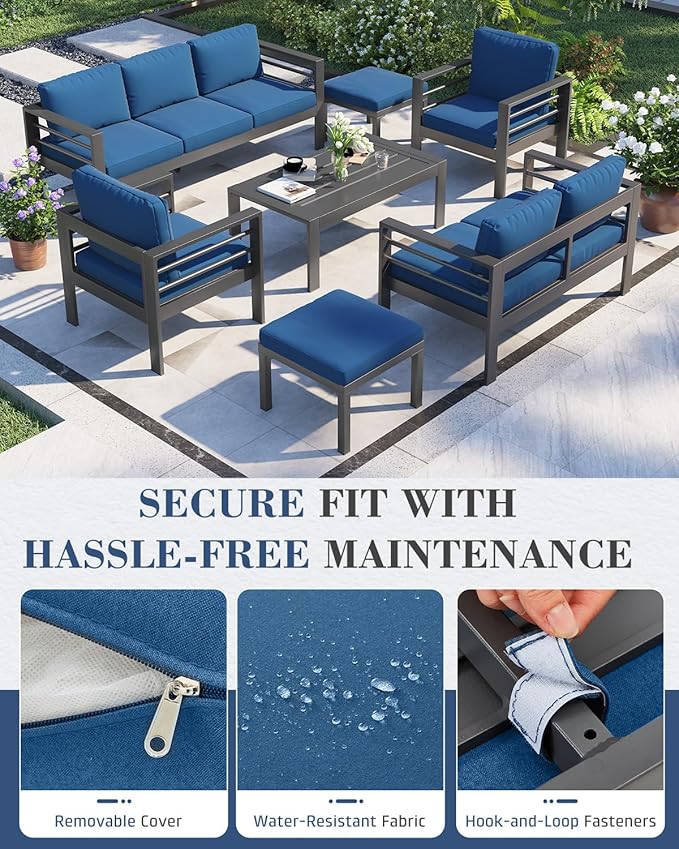 AECOJOY Aluminum Patio Furniture Set, 9 Seats Modern Outdoor Furniture with Coffee Table, 7 Pieces Metal Conversation Sectional Sofa, Blue