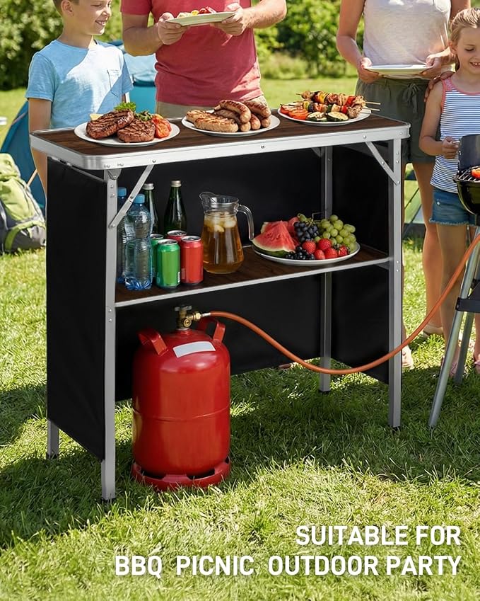 Outvita Portable Bar Table, Outdoor Folding Mobile Bar Counter with 2 Tier Shelves and Black Skirt for Wedding Party Birthday Commercial Activity Musical Festival 39 "L x 34" H