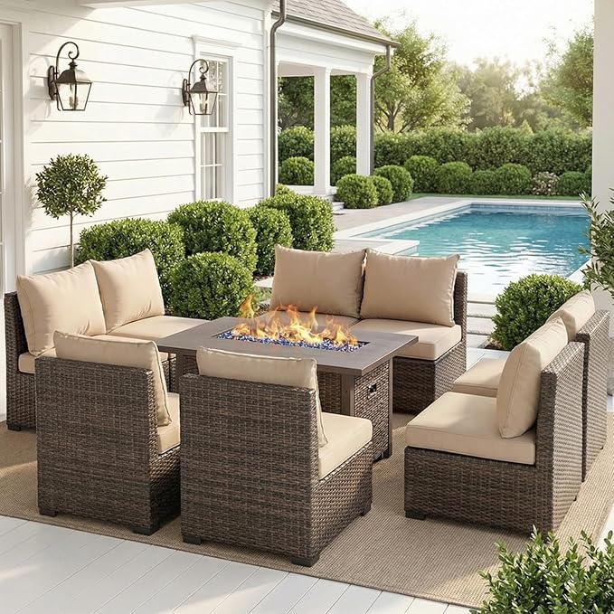 Patio Furniture Set with Fire Pit Table, Outdoor Sectional Rattan Sofa Set, Patio Set Seating Furniture with Thickened Cushions (Beige, 9 Pieces)