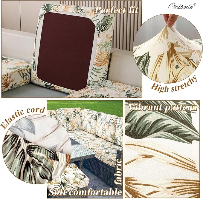 CALBODE 12Pcs Stretch Patio Cushion Cover, Tropical Floral and Leaf Pattern Sofa Covers for Patio Furniture Cushions Washable Reusable Couch Covers Replacement for All Season(Cover Only)